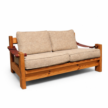 Mid-Century Pine Loveseat with Leather Sling Arms [VINTAGE]