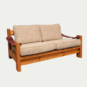 Mid-Century Pine Loveseat with Leather Sling Arms [VINTAGE]